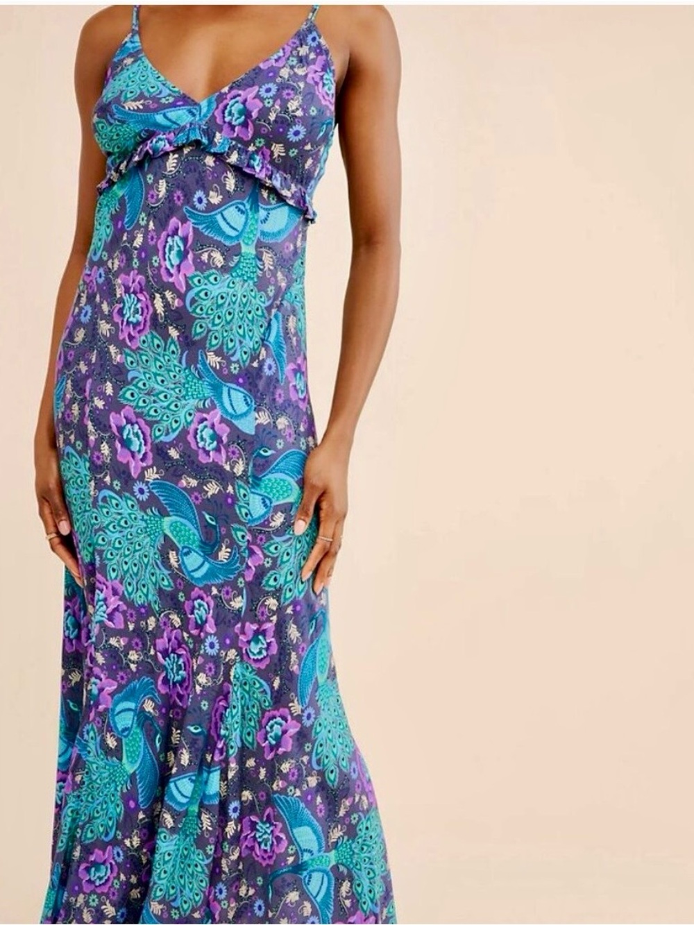 NWT Spell Navy Floral Maxi Dress with Teal & Purple Peacock Print